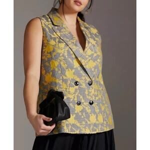 Hutch Longline Vest Womens 1X Gray Yellow Floral Double Breasted Contemporary